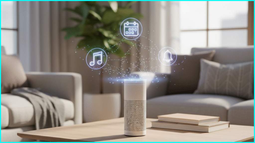 Realistic image of Amazon Alexa AI personal assistant in a modern living room setting.