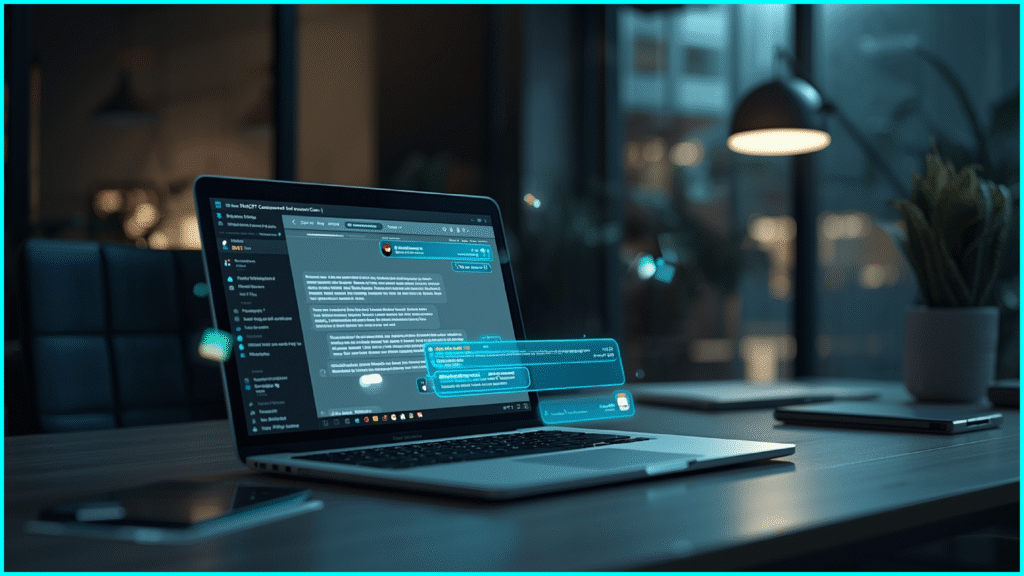 Realistic image of ChatGPT AI personal assistant on a laptop helping with tasks and writing