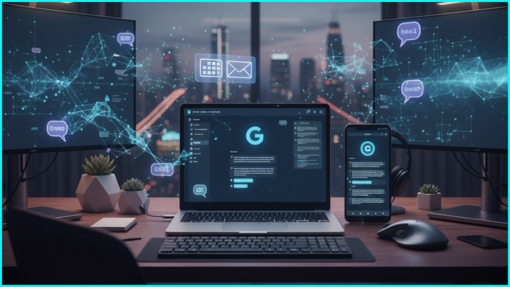 Realistic image of Google Gemini AI personal assistant managing Google apps on Android and laptop.