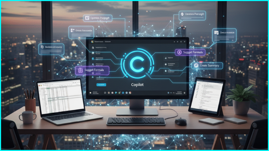 Realistic image of Microsoft Copilot AI personal assistant helping with business documents