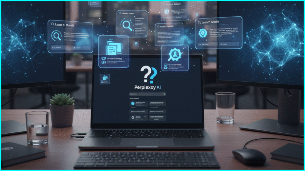 Realistic image of Perplexity AI personal assistant helping with research and real-time answers.