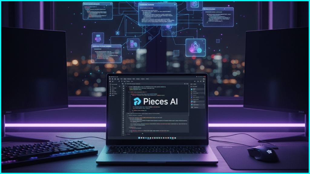 Realistic image of Pieces AI personal assistant helping developers with coding in a professional workspace.