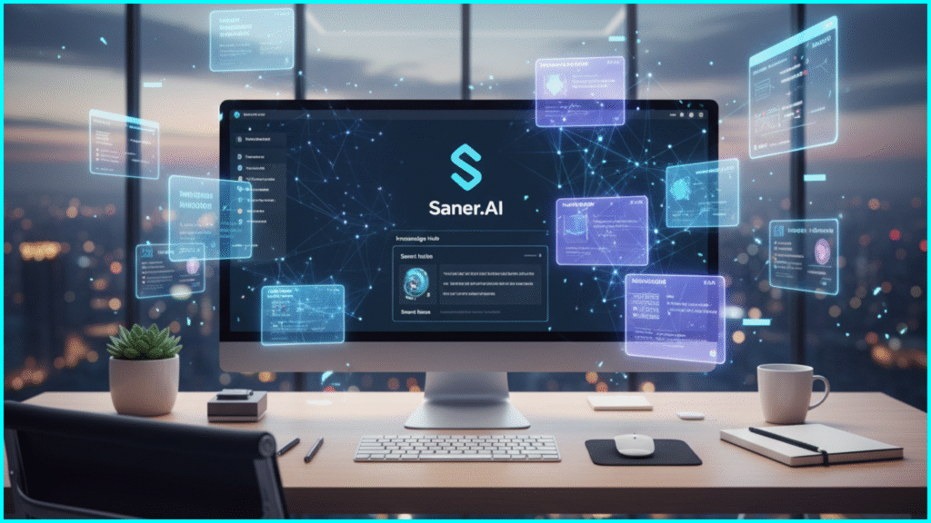 Realistic image of Saner.AI personal assistant summarizing notes and meetings in a professional workspace