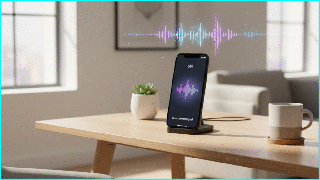Realistic image of Siri AI personal assistant on iPhone helping with tasks in a modern home.