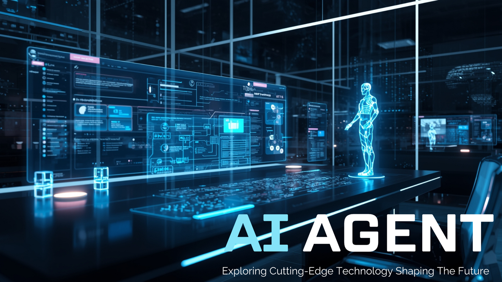 Futuristic AI agent interface with neon elements and modern workflow visuals for beginner guide